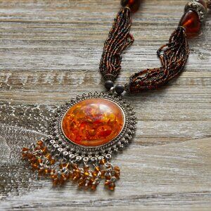 Amber Beaded Long Statement Necklace